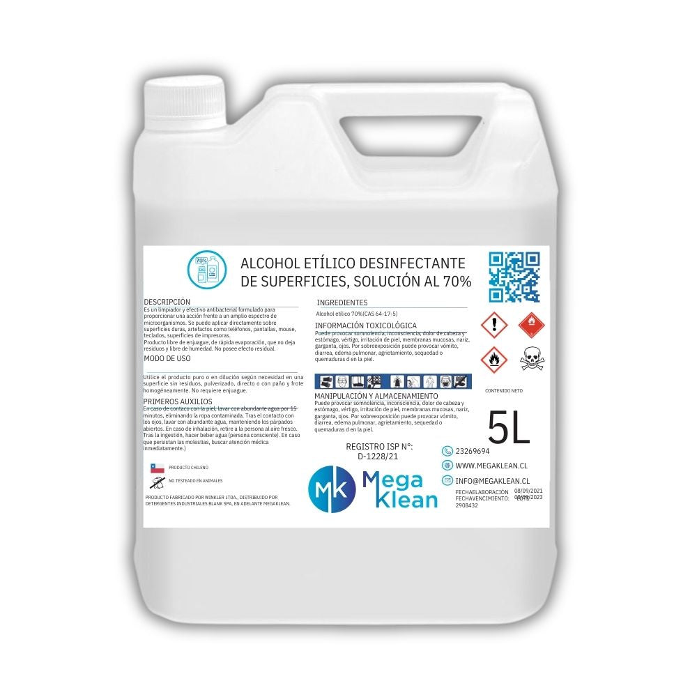 Alcohol Etilico Desnaturalizado 70% 5 litros Megaklean Registro ISP