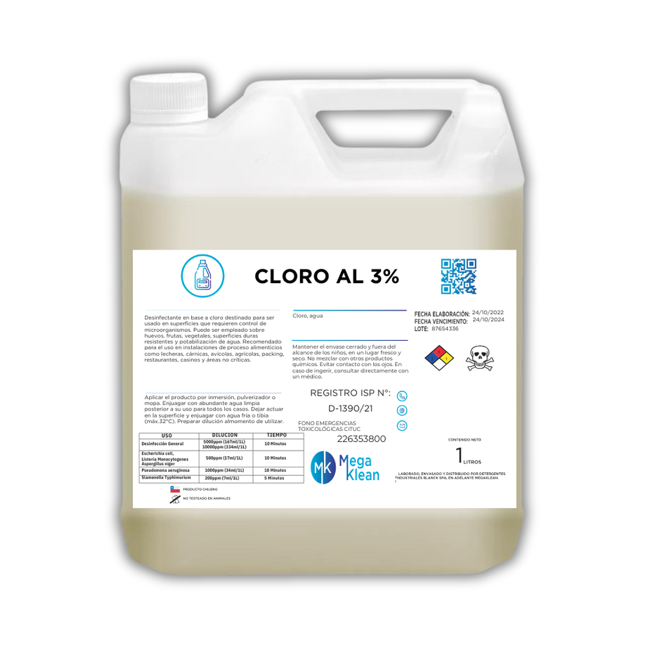 Cloro al 3% 5 litros Megaklean