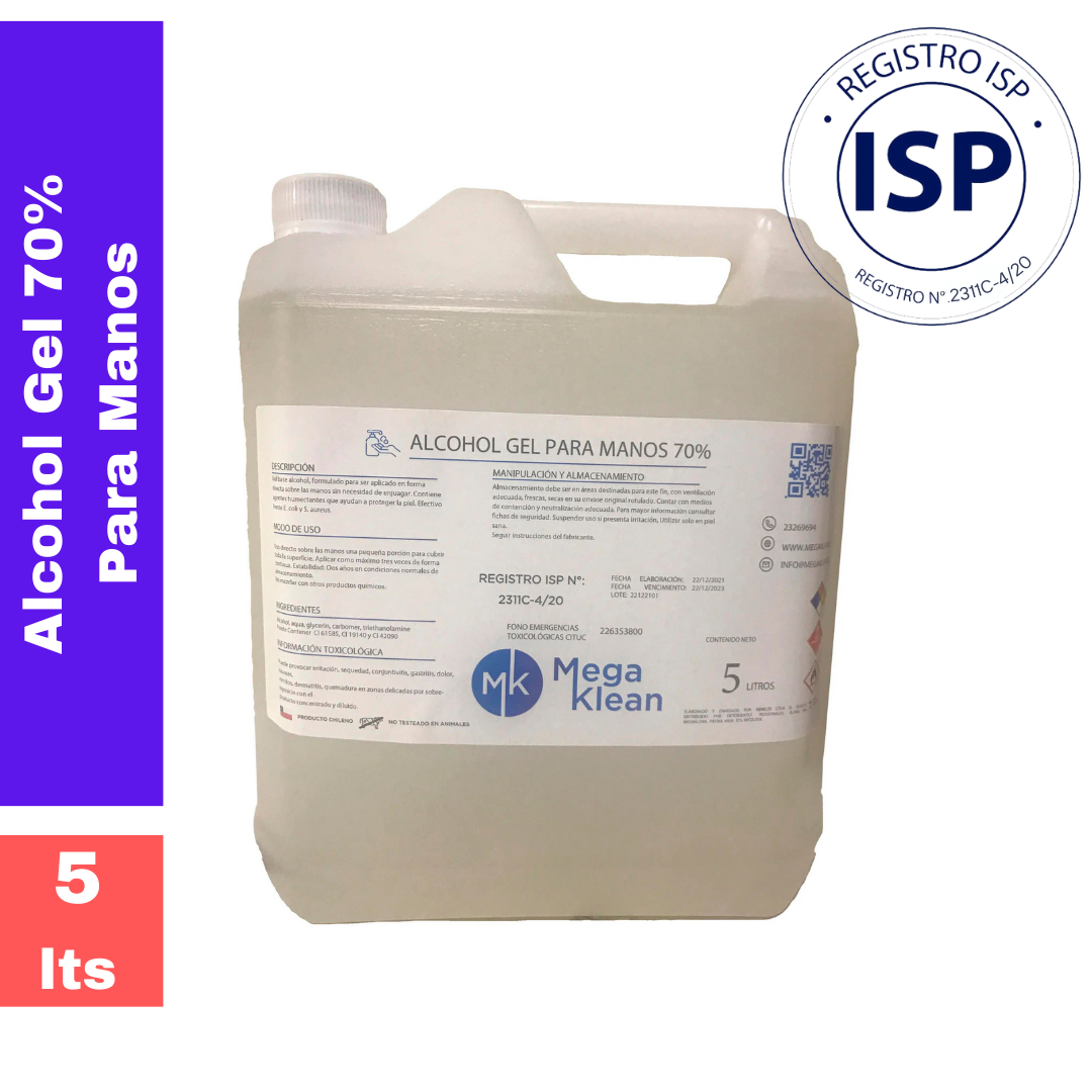 Alcohol Gel al 70% 5 litros Megaklean con Registro ISP